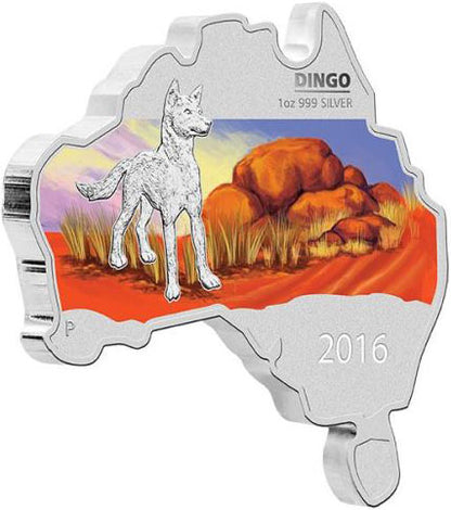 2016 $1 Australian Map Shaped Dingo 1oz Silver Coloured Coin
