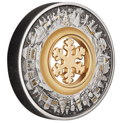 2021 $2 Christmas Wonderland Rotating Snowflake 2oz Silver Antiqued Coin