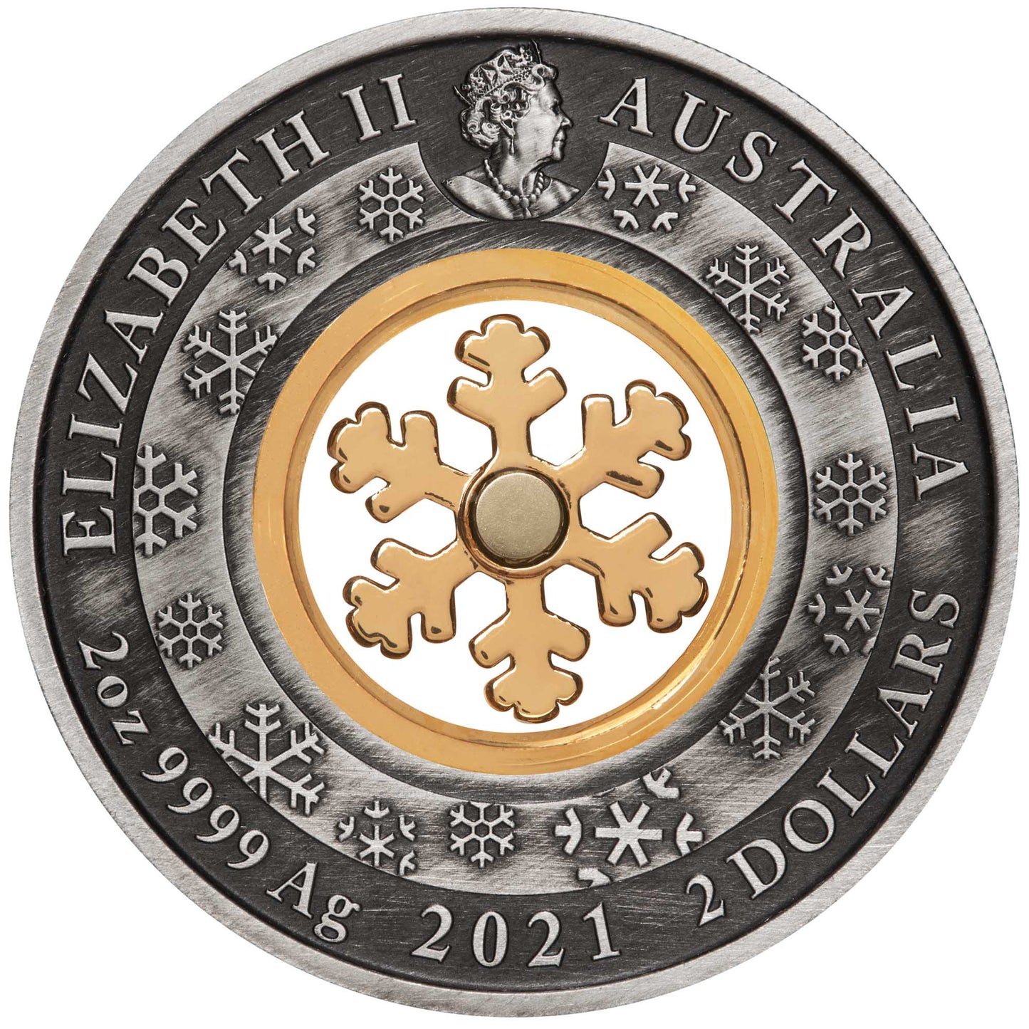 2021 $2 Christmas Wonderland Rotating Snowflake 2oz Silver Antiqued Coin