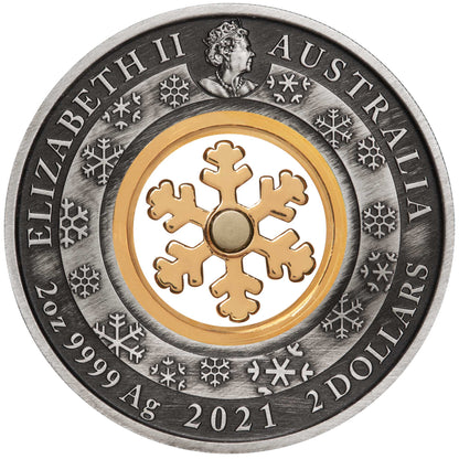 2021 $2 Christmas Wonderland Rotating Snowflake 2oz Silver Antiqued Coin