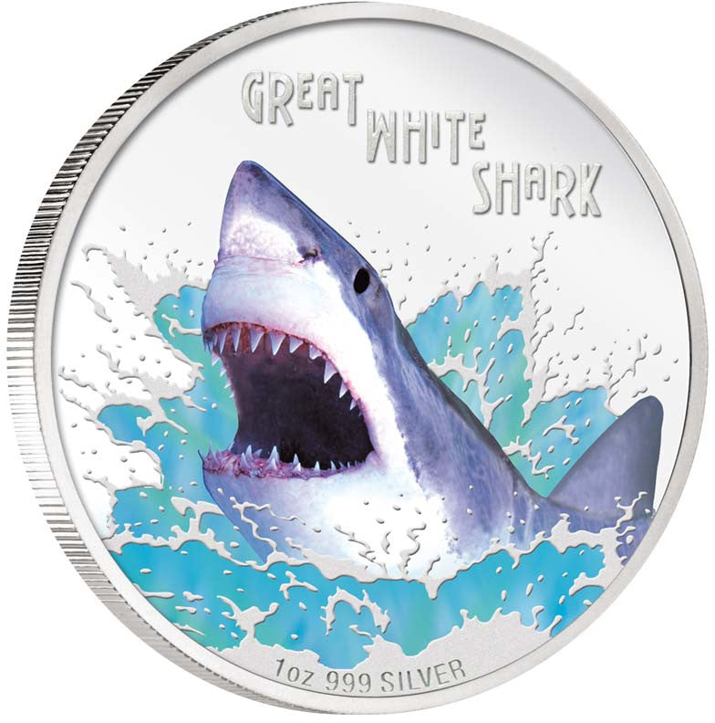 Tuvalu 2007 $1 Deadly and Dangerous Great White Shark 1oz Silver Coloured Proof Coin