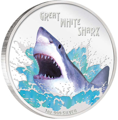 Tuvalu 2007 $1 Deadly and Dangerous Great White Shark 1oz Silver Coloured Proof Coin