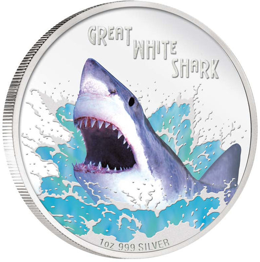 Tuvalu 2007 $1 Deadly and Dangerous Great White Shark 1oz Silver Coloured Proof Coin