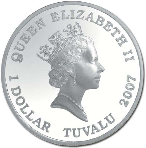 Tuvalu 2007 $1 Deadly and Dangerous Great White Shark 1oz Silver Coloured Proof Coin