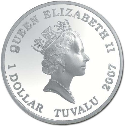 Tuvalu 2007 $1 Deadly and Dangerous Great White Shark 1oz Silver Coloured Proof Coin