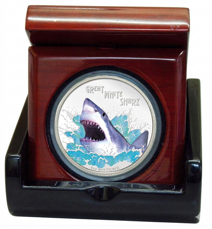 Tuvalu 2007 $1 Deadly and Dangerous Great White Shark 1oz Silver Coloured Proof Coin