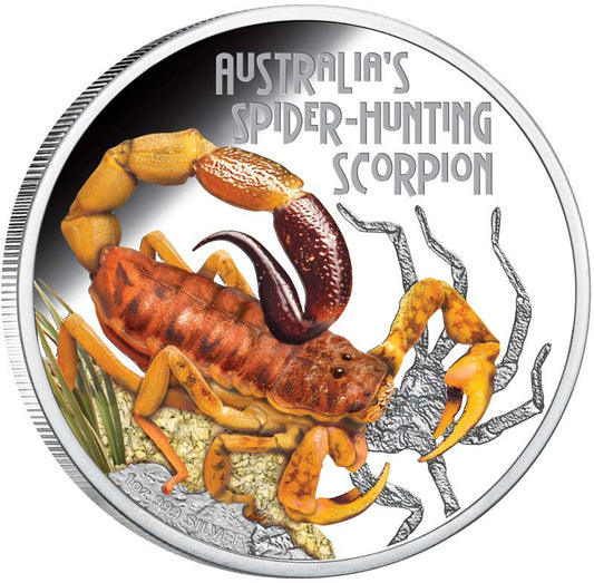 Tuvalu 2014 $1 Deadly and Dangerous Spider Hunting Scorpion 1oz Silver Coloured Proof Coin