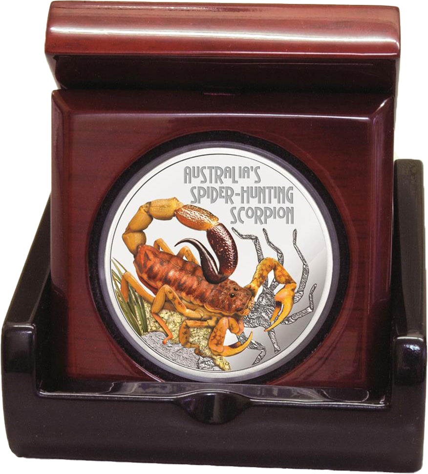 Tuvalu 2014 $1 Deadly and Dangerous Spider Hunting Scorpion 1oz Silver Coloured Proof Coin