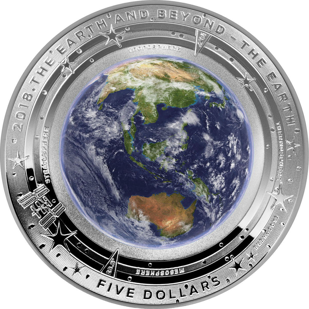 2018 $5 The Earth & Beyond The Earth 1oz Silver Coloured Proof Domed Coin