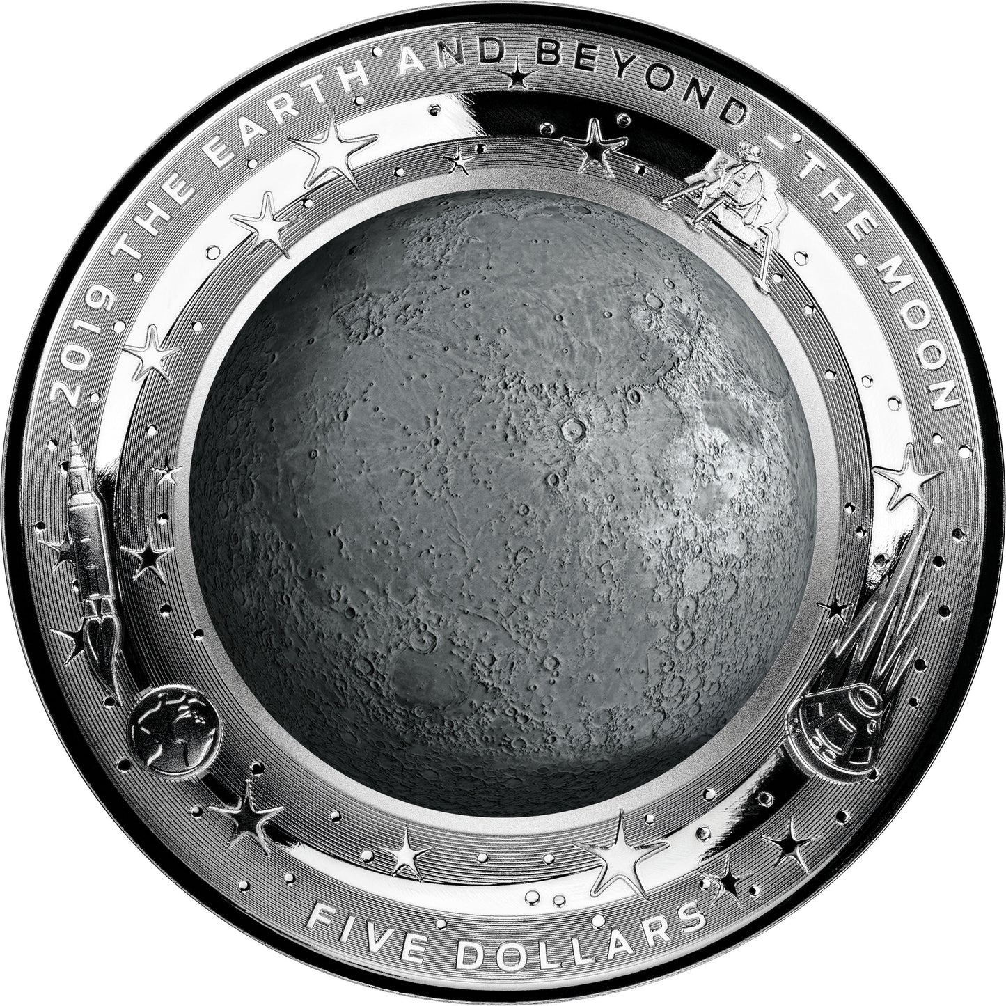 2019 $5 The Earth & Beyond The Moon 1oz Silver Coloured Proof Domed Coin