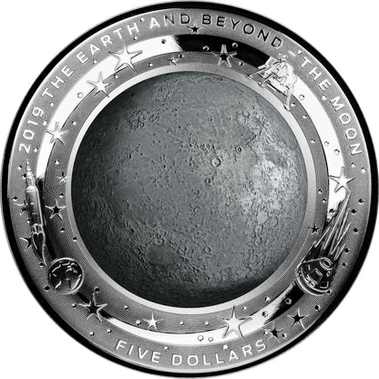 2019 $5 The Earth & Beyond The Moon 1oz Silver Coloured Proof Domed Coin