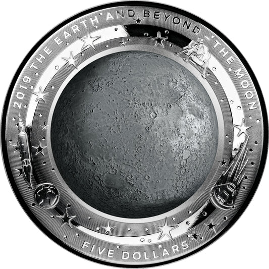 2019 $5 The Earth & Beyond The Moon 1oz Silver Coloured Proof Domed Coin