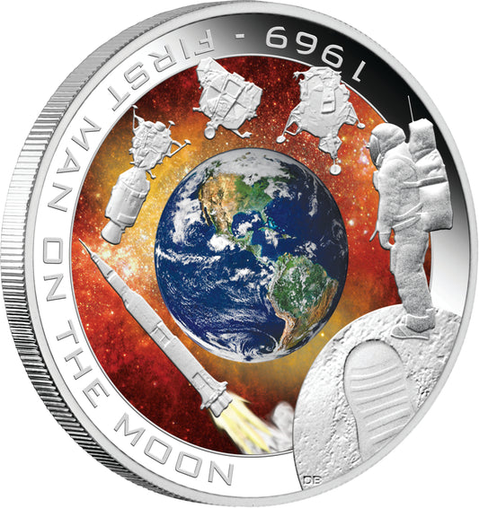Cook Islands 2009 $1 Orbit and Beyond First Man On The Moon 1oz Silver Coloured Proof Coin