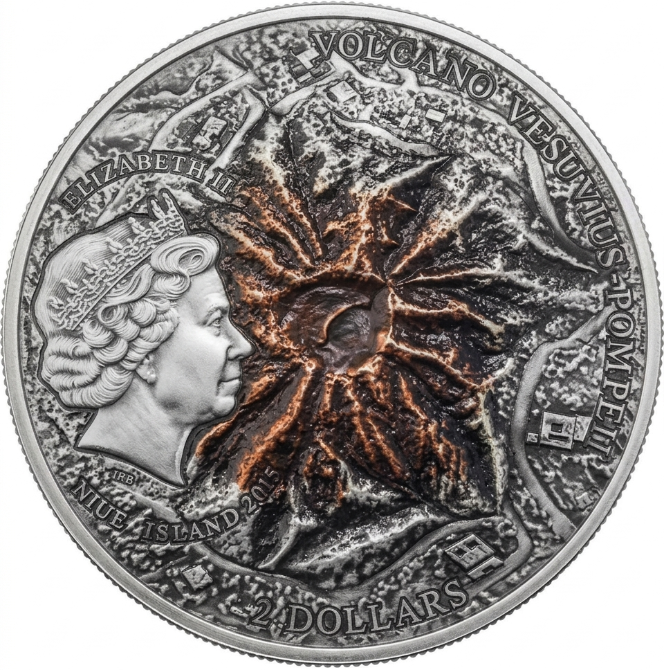 Niue 2015 $2 Volcano Vesuvius Pompeii Lava Inset 2oz Silver Antiqued Coin