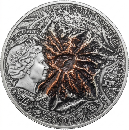 Niue 2015 $2 Volcano Vesuvius Pompeii Lava Inset 2oz Silver Antiqued Coin