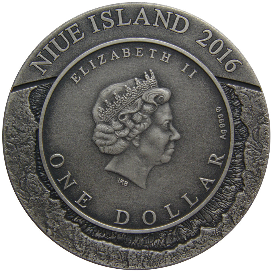 Niue 2016 $1 Meteorite Crater Popigai 1oz Silver Antiqued Coin