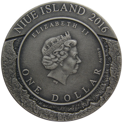 Niue 2016 $1 Meteorite Crater Popigai 1oz Silver Antiqued Coin