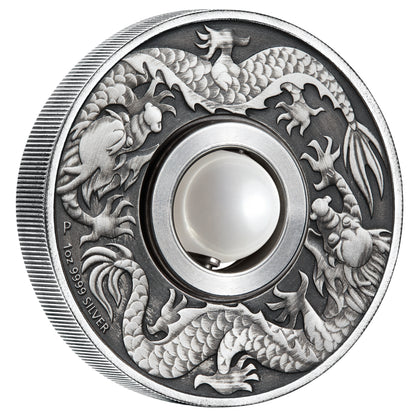 Tuvalu 2017 $1 Dragon & Rotating Pearl 1oz Silver Antiqued Coin