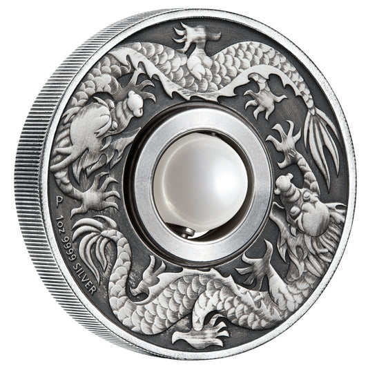 Tuvalu 2017 $1 Dragon & Rotating Pearl 1oz Silver Antiqued Coin