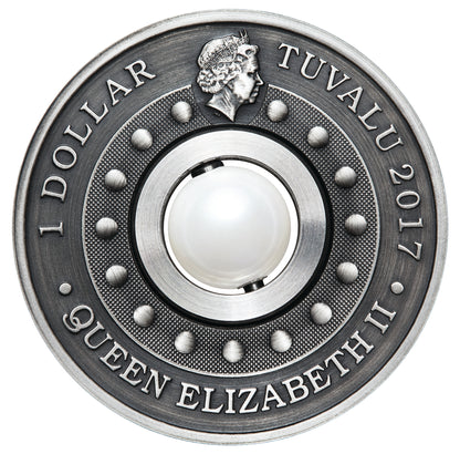 Tuvalu 2017 $1 Dragon & Rotating Pearl 1oz Silver Antiqued Coin