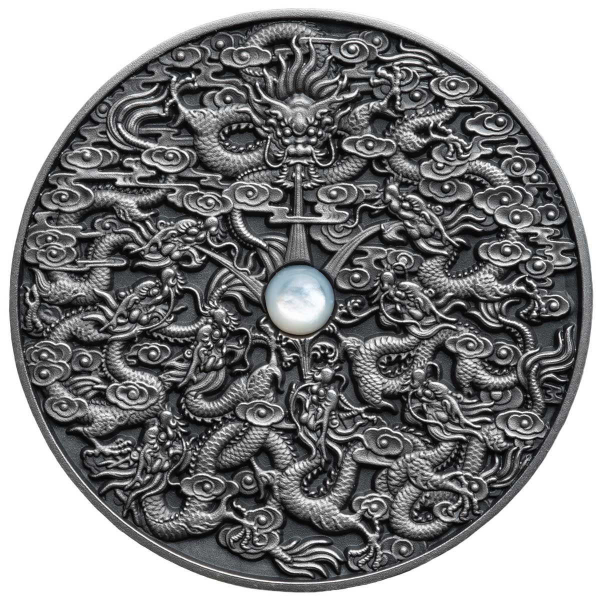 Niue 2020 $5 Nine Dragon Chinese Legends Mother of Pearl 2oz Silver Antiqued Coin