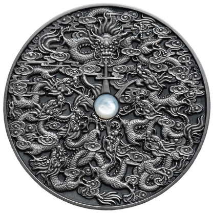 Niue 2020 $5 Nine Dragon Chinese Legends Mother of Pearl 2oz Silver Antiqued Coin
