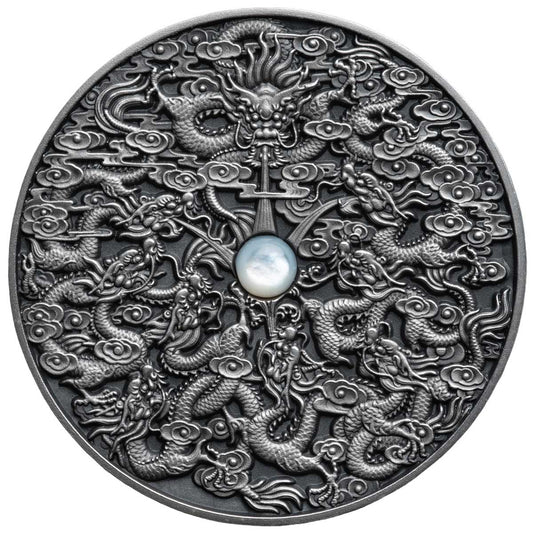 Niue 2020 $5 Nine Dragon Chinese Legends Mother of Pearl 2oz Silver Antiqued Coin