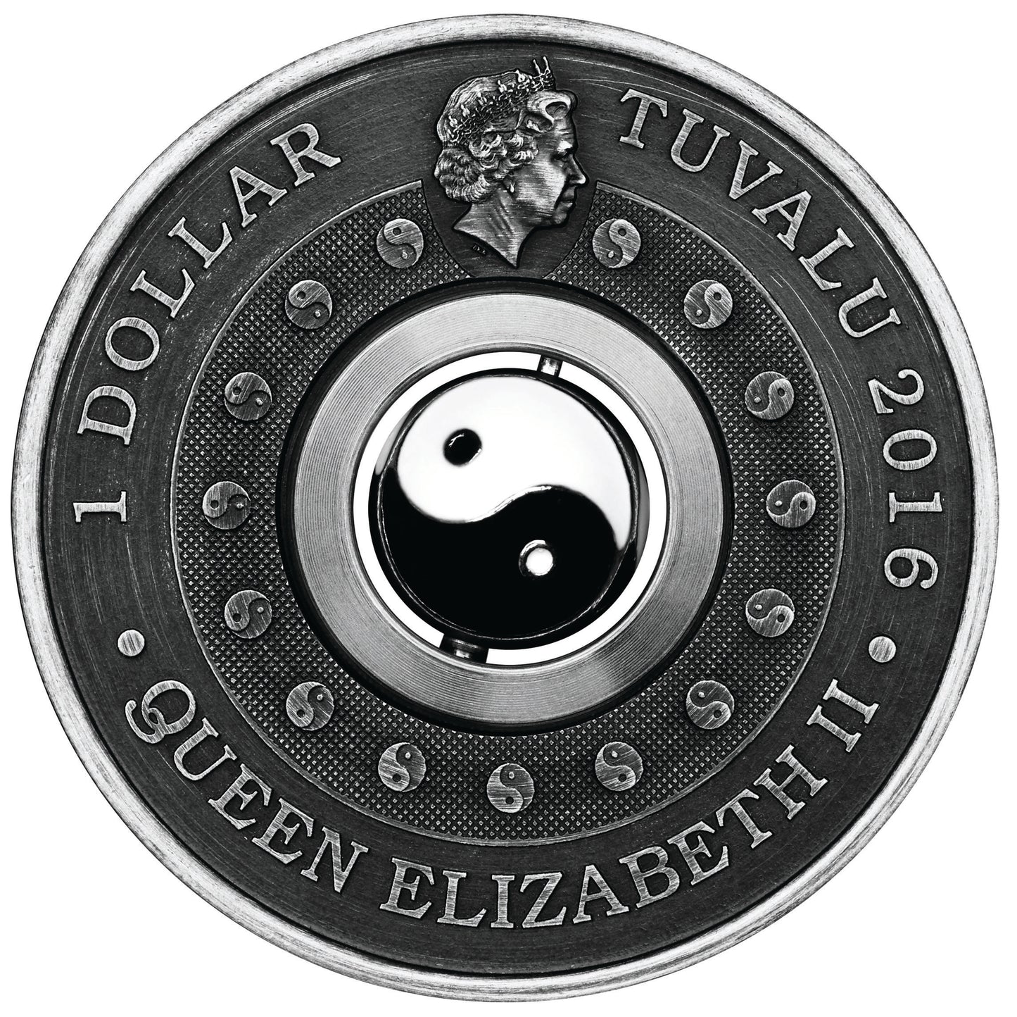 Tuvalu 2016 $1 Yin Yang Rotating Charm 1oz Silver Antiqued Coin