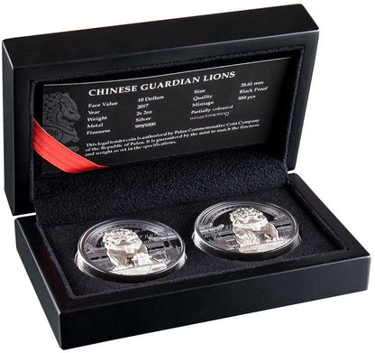 Palau 2017 $10 Chinese Guardian Lions 2oz Silver Black Proof 2 Coin Set