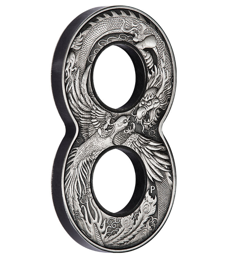 2020 $2 Figure 8 Dragon & Phoenix 2oz Silver Antiqued Shaped Coin