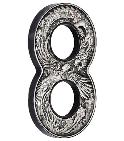 2020 $2 Figure 8 Dragon & Phoenix 2oz Silver Antiqued Shaped Coin