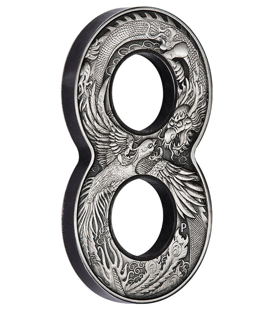 2020 $2 Figure 8 Dragon & Phoenix 2oz Silver Antiqued Shaped Coin
