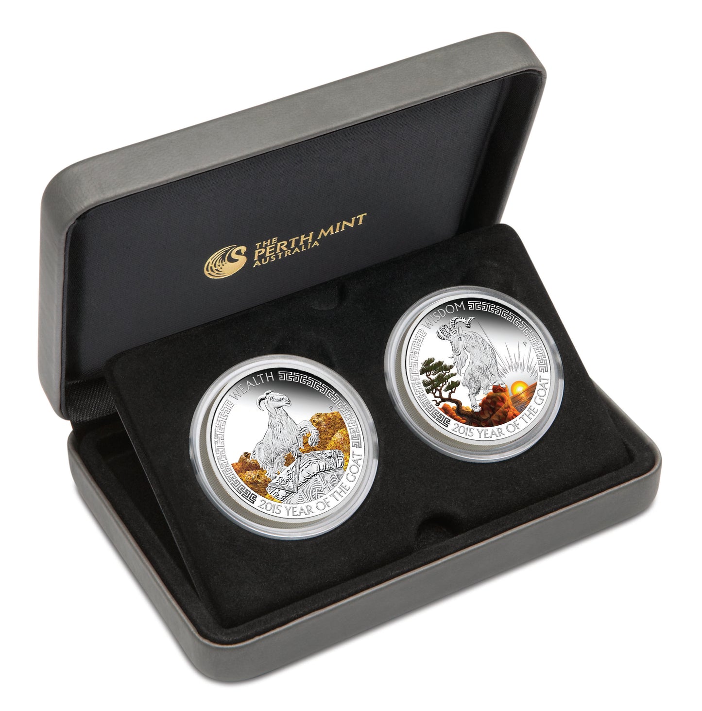 Tuvalu 2015 $1 Lunar Good Fortune Year of The Goat Wealth & Wisdom 1oz Silver Coloured Proof 2 Coin Set