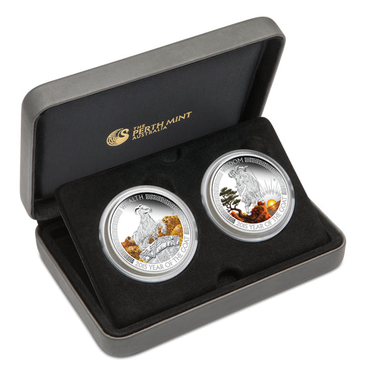 Tuvalu 2015 $1 Lunar Good Fortune Year of The Goat Wealth & Wisdom 1oz Silver Coloured Proof 2 Coin Set