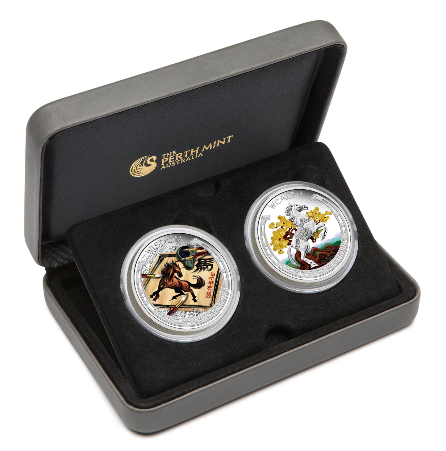 Tuvalu 2014 $1 Lunar Good Fortune Year of The Horse Wealth & Wisdom 1oz Silver Coloured Proof 2 Coin Set