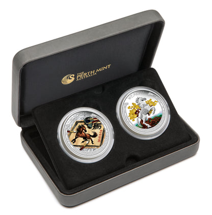 Tuvalu 2014 $1 Lunar Good Fortune Year of The Horse Wealth & Wisdom 1oz Silver Coloured Proof 2 Coin Set