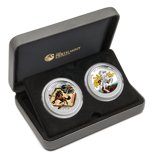 Tuvalu 2014 $1 Lunar Good Fortune Year of The Horse Wealth & Wisdom 1oz Silver Coloured Proof 2 Coin Set