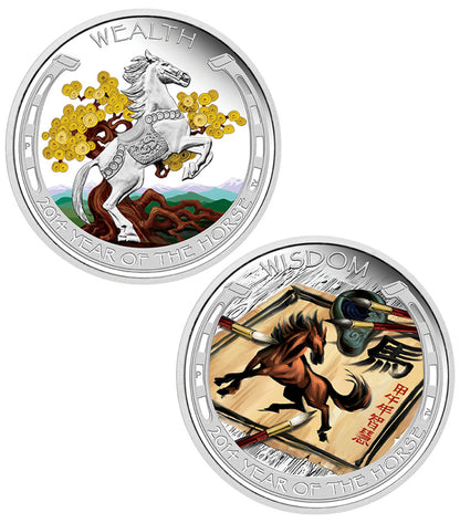 Tuvalu 2014 $1 Lunar Good Fortune Year of The Horse Wealth & Wisdom 1oz Silver Coloured Proof 2 Coin Set