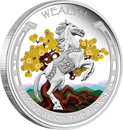 Tuvalu 2014 $1 Lunar Good Fortune Year of The Horse Wealth & Wisdom 1oz Silver Coloured Proof 2 Coin Set