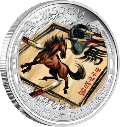 Tuvalu 2014 $1 Lunar Good Fortune Year of The Horse Wealth & Wisdom 1oz Silver Coloured Proof 2 Coin Set