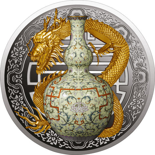 Niue 2018 $1 Qianlong Vase Wanshou Lianyan Selectively Gold Plated 1oz Silver Proof Coin