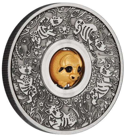 Tuvalu 2021 $1 Year of The Ox Rotating Charm 1oz Silver Antiqued Coin
