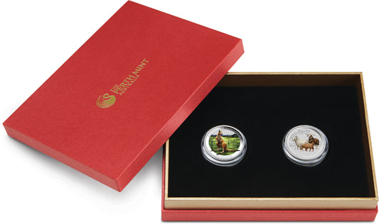 2014 50c BICE Australian Kangaroo & Year of The Goat 1/2oz Silver 2 Coin Set