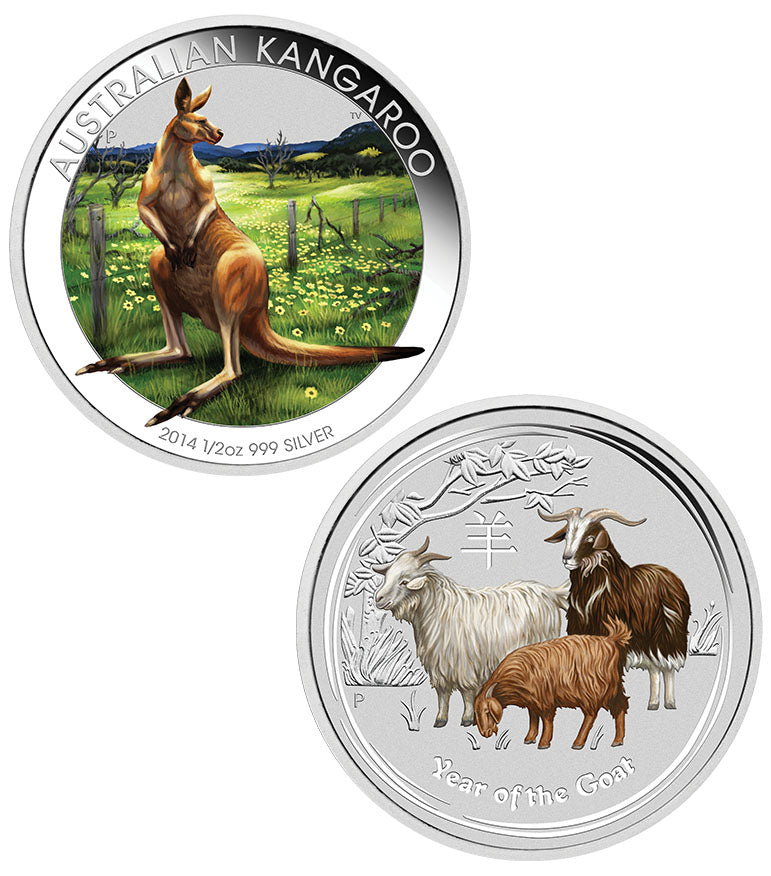 2014 50c BICE Australian Kangaroo & Year of The Goat 1/2oz Silver 2 Coin Set