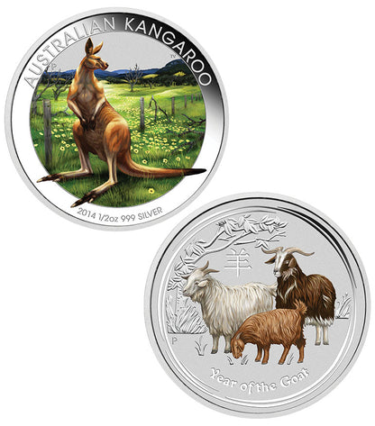 2014 50c BICE Australian Kangaroo & Year of The Goat 1/2oz Silver 2 Coin Set