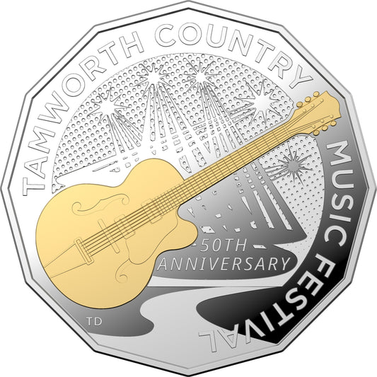 2022 50c 50th Anniversary Tamworth Country Music Festival Selectively Gold Plated Silver Proof Coin