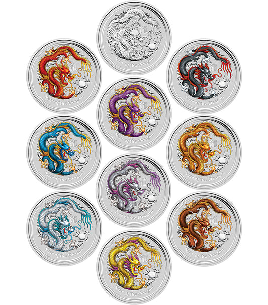 2012 $1 Lunar Year of The Dragon 1oz Silver 10 Coin Set