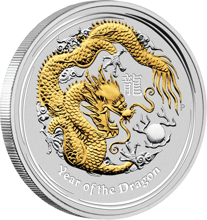 2012 $1 Lunar Year of The Dragon 1oz Silver Gilded Coin