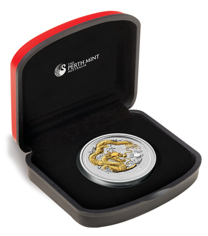 2012 $1 Lunar Year of The Dragon 1oz Silver Gilded Coin