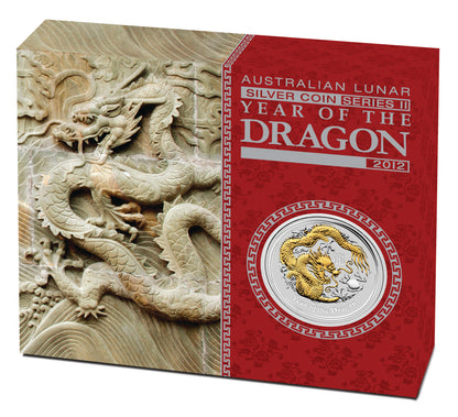 2012 $1 Lunar Year of The Dragon 1oz Silver Gilded Coin